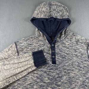 Lucky Brand Mens Henley Hoodie Space Dye Blue White Knit Pullover Large